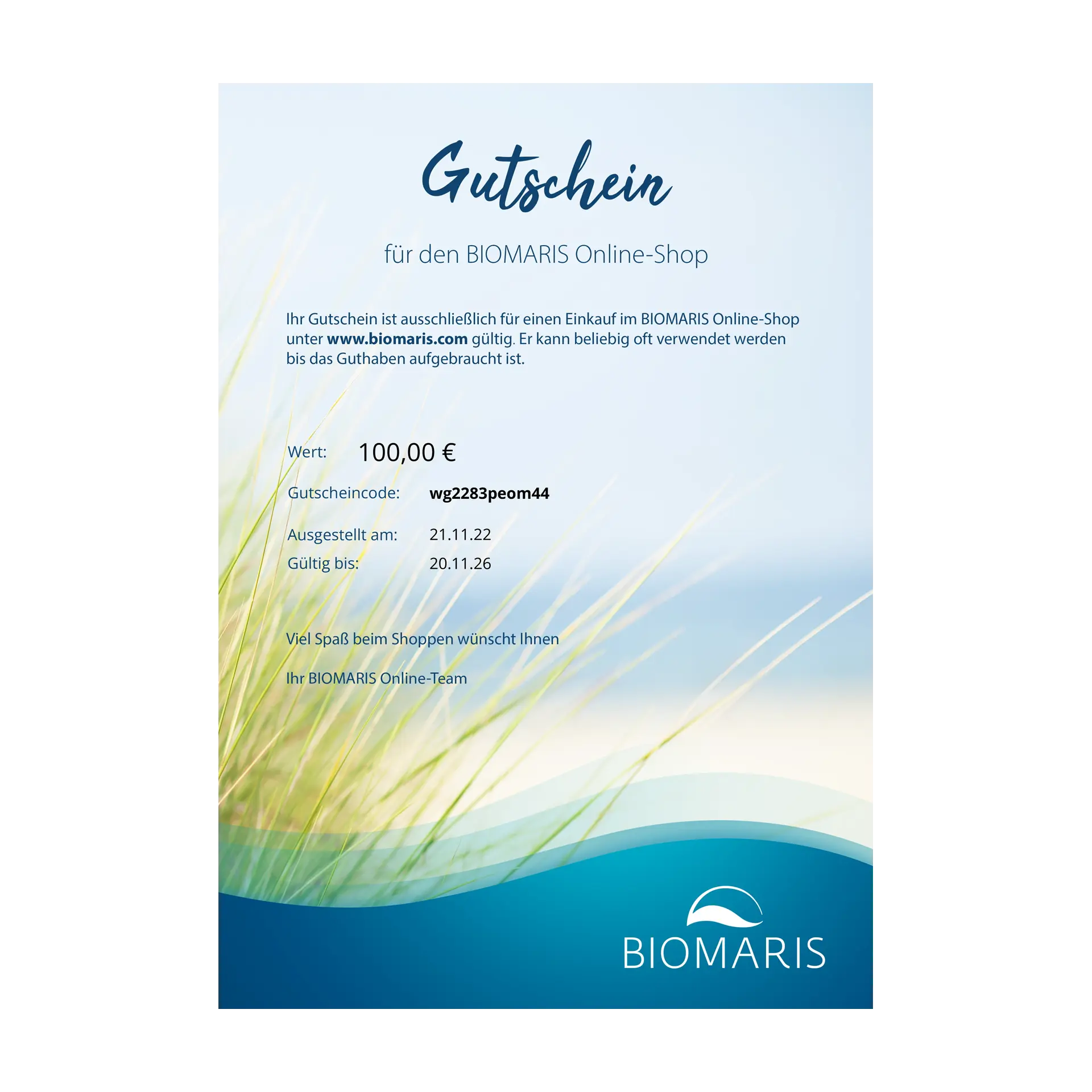 BIOMARIS Geschenkgutschein Gutschein für den BIOMARIS Online-Shop mit maritimen Wellen und Gräsern als Hintergrund-Motiv