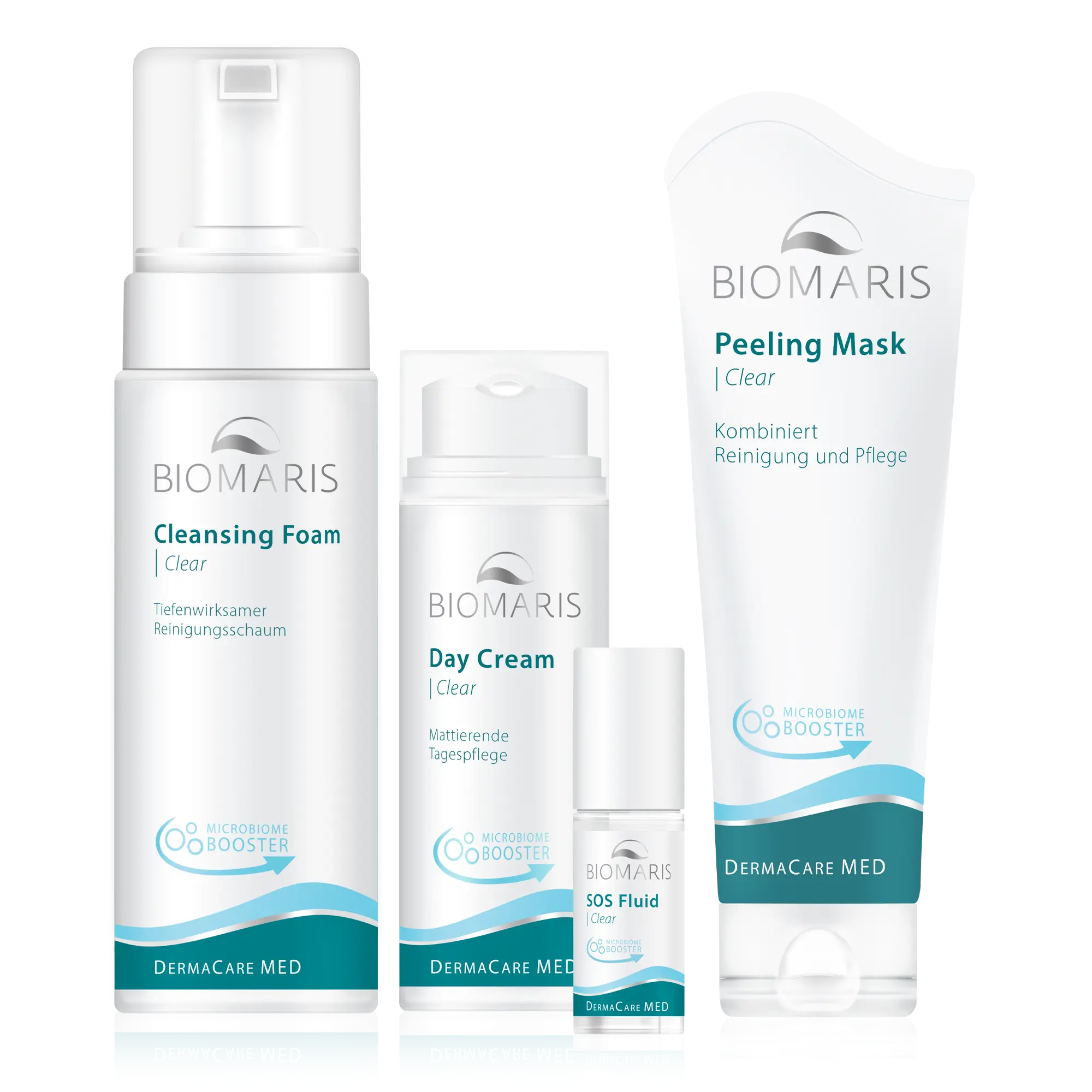 Vier BIOMARIS DermaCare MED Clear Produkte für unreine Haut: Cleansing Foam, Day Cream, SOS Fluid und Peeling Mask.