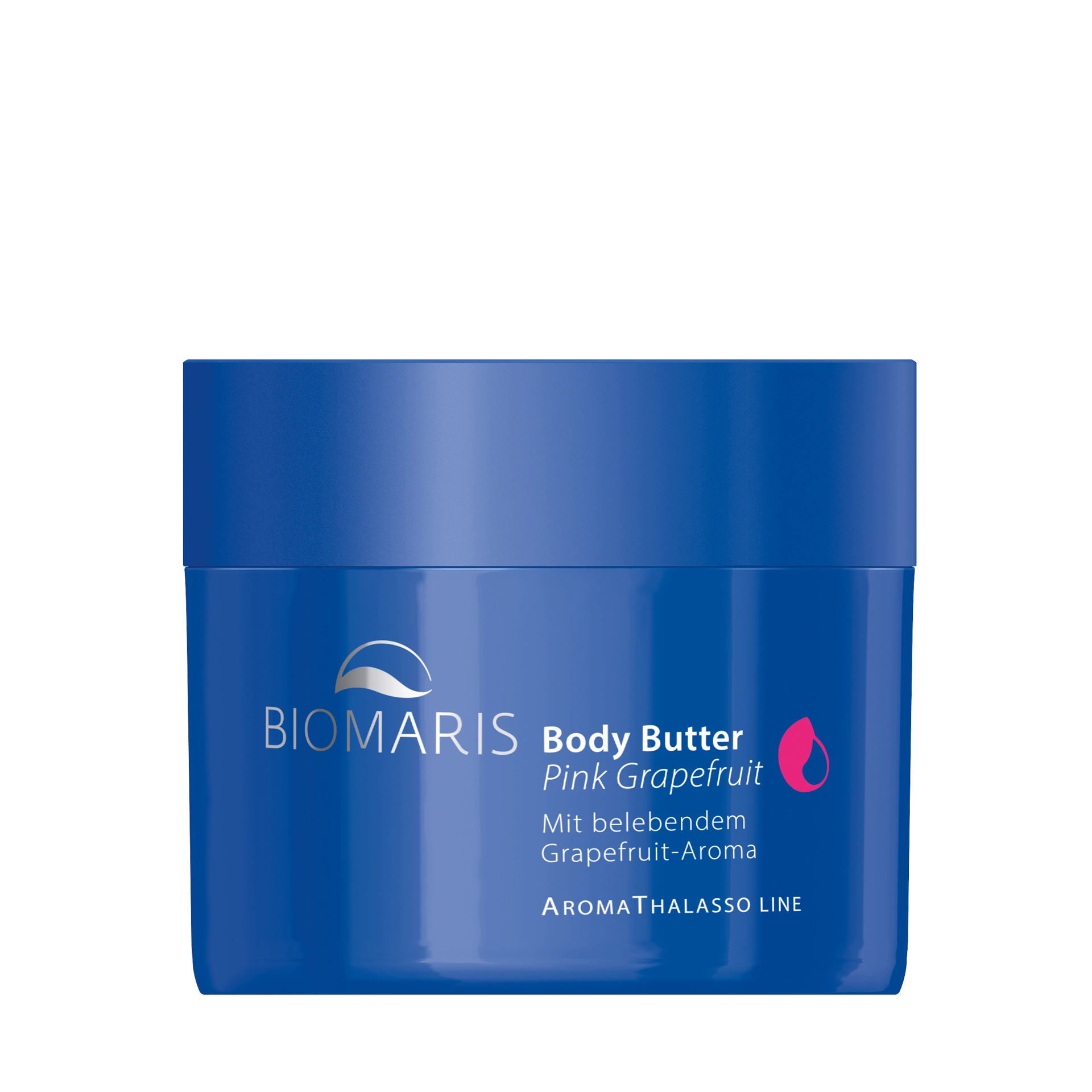 Body Butter Pink Grapefruit in blauem Tiegel mit Schraubverschluss, vor halbierter Grapefruit