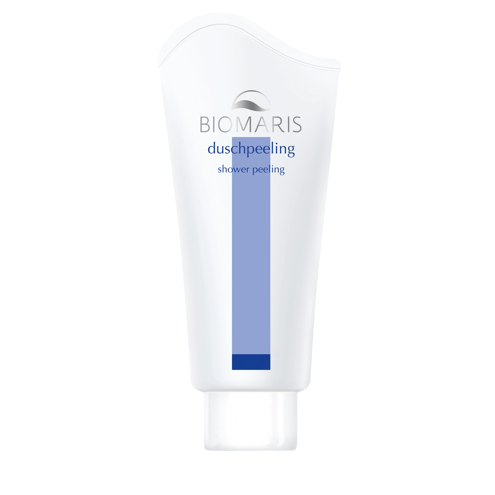 Duschpeeling in weißer Tube mit senkrechtem blauen Streifen Schraubdeckel
