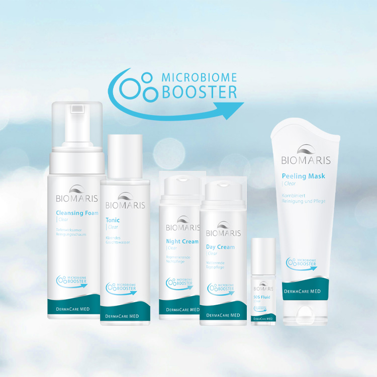DermaCare MED Clear Serie mit Microbiome Booster: Cleansing Foam, Tonic, Night Cream, Day Cream, SOS Fluid, Peeling Mask, Flasche, Lotion, Kosmetik, Parfüm