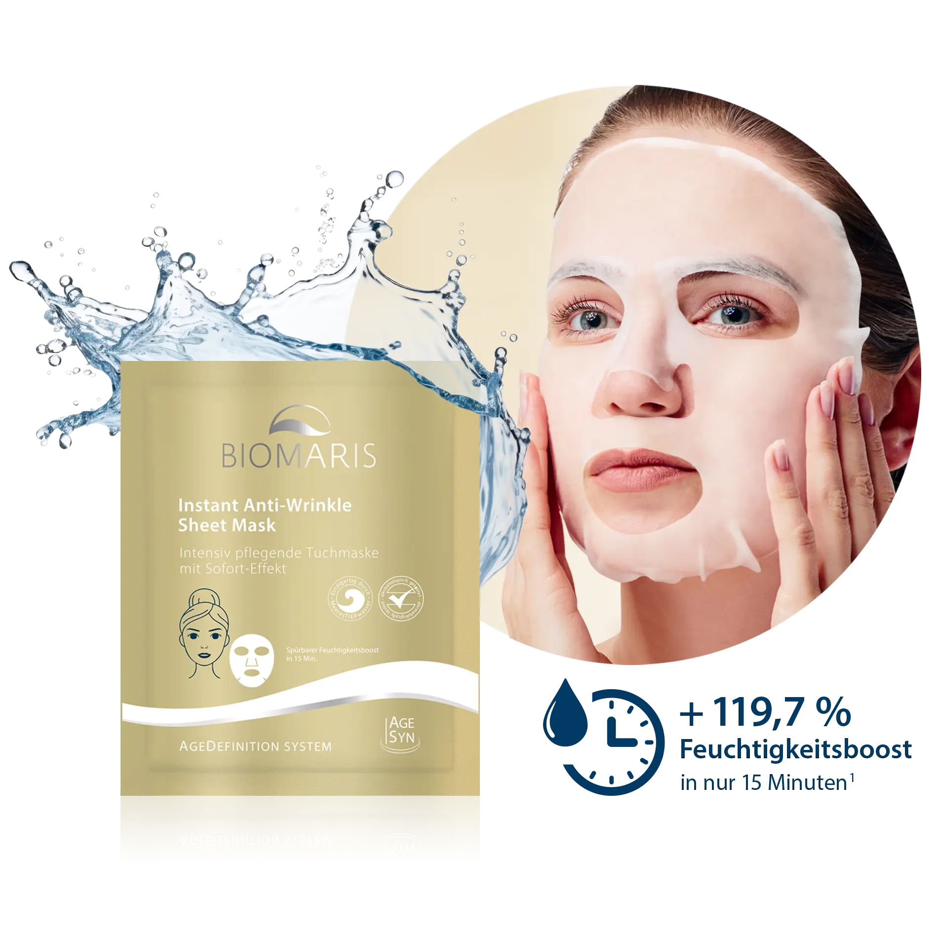 Instant Anti-Wrinkle Sheet Mask vor Wassersplash, vor Frau mit aufgelegter Tuchmaske und Text '119,7 % Feuchtigkeitsboost in nur 15 Minuten'