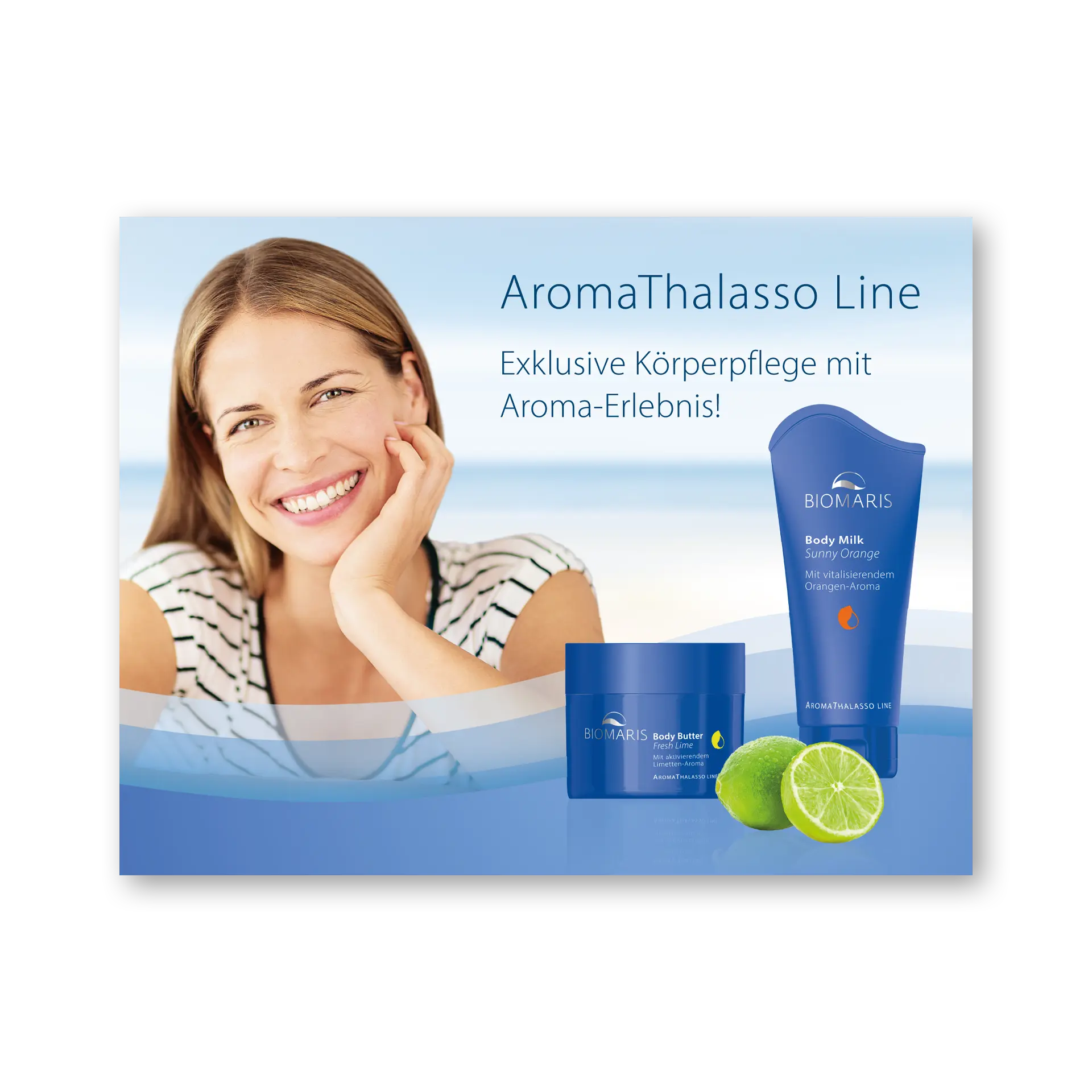 Probenset AromaThalasso Line, Titelbild mit lächelnder Frau, zwei Produkten und Limettenhälfte auf blauem Hintergrund