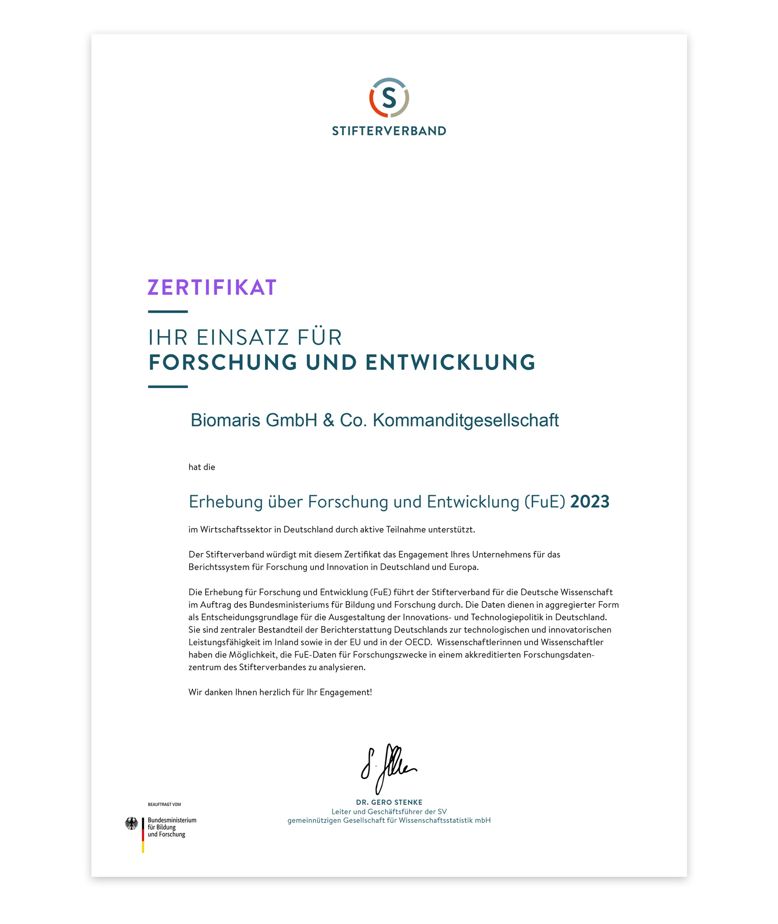 Siegel „Innovativ durch Forschung“ vom Stifterverband für die Deutsche Wissenschaft, BIOMARIS 2022/2023 ausgezeichnet