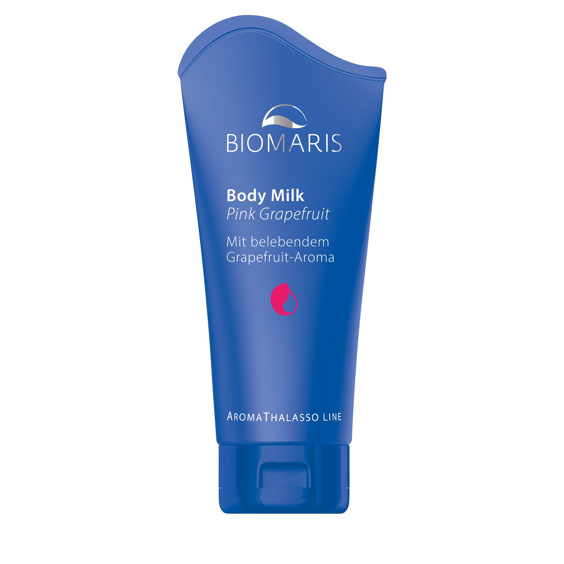 Body Milk Pink Grapefruit in blauer Tube mit Klappdeckel, vor halbierter Grapefruit