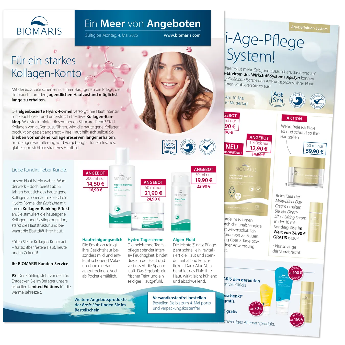 Ein Meer von Angeboten Angebotsflyer mit Pflegeprodukten und Rabattpreisen, zeigt Seite 1 und Seite 2 des aktuellen Mailings