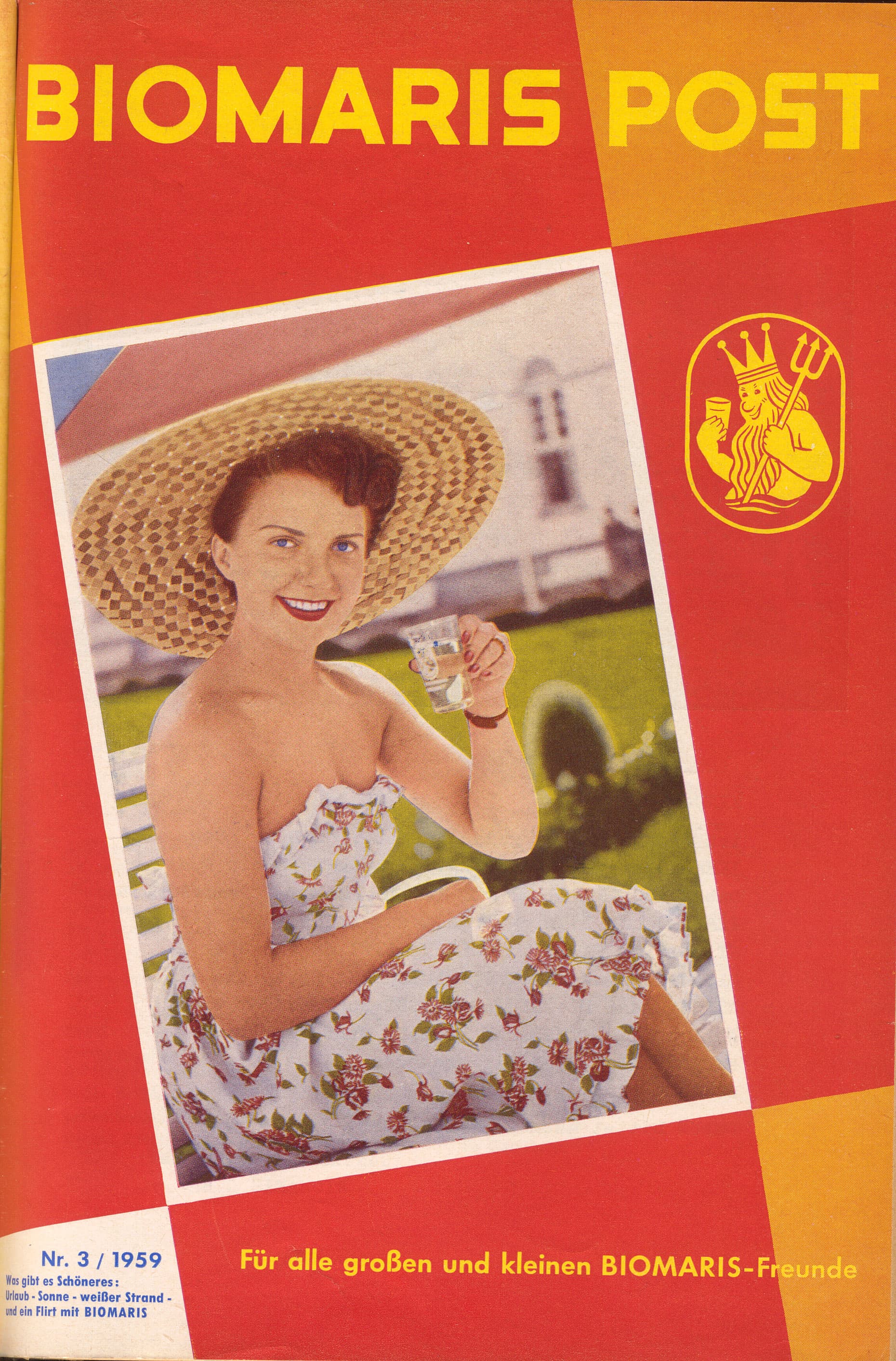 Titelblatt der BIOMARIS Post 1959 mit Frau im Sommerkleid und Sonnenhut, Text „Für alle großen und kleinen BIOMARIS-Freunde“