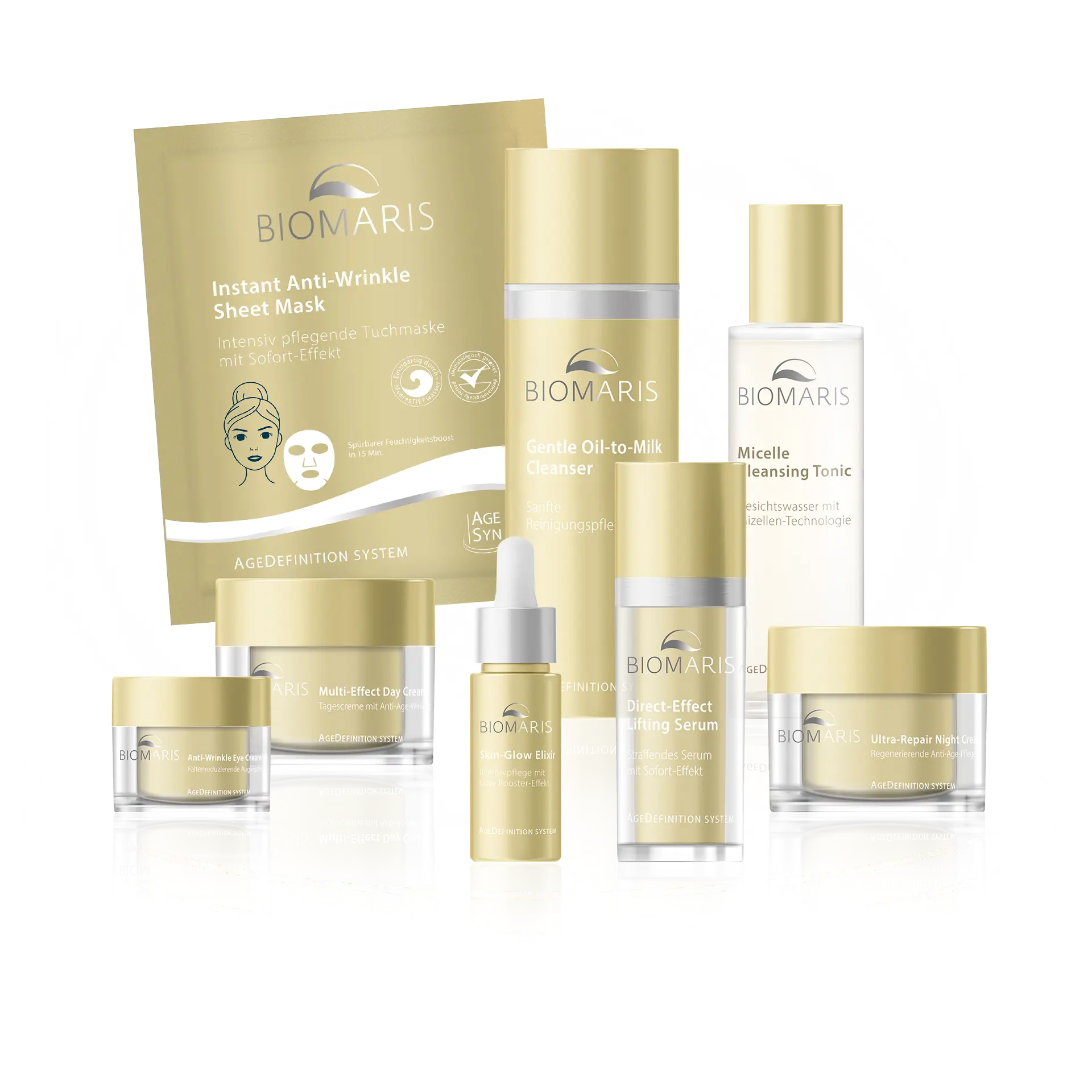 Gruppenbild aller Produkte der Anti-Aging-Pflegelinie AgeDefinition System von BIOMARIS.