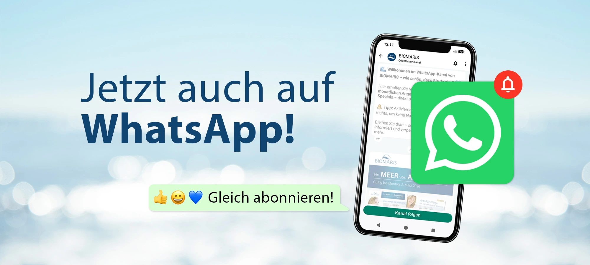 Text „Jetzt auch auf WhatsApp“, Smartphone mit WhatsApp-Kanal und WhatsApp-Icon sowie Hinweis „Gleich abonnieren!“