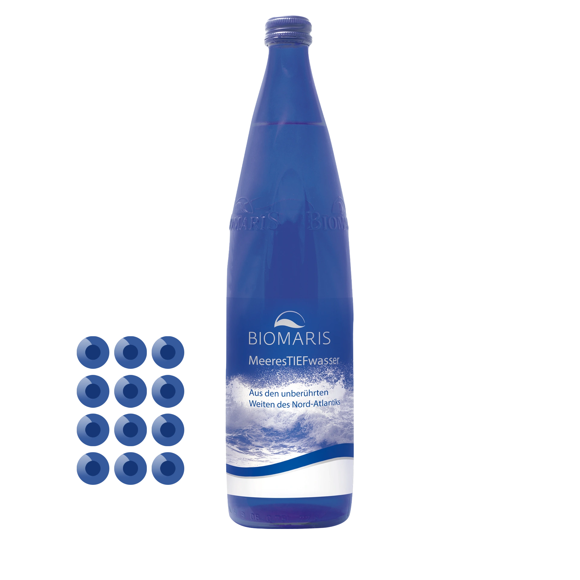 MeeresTIEFwasser 12er, blaue Glasflasche mit Etikett, Darstellung von 12 Flaschen im Karton