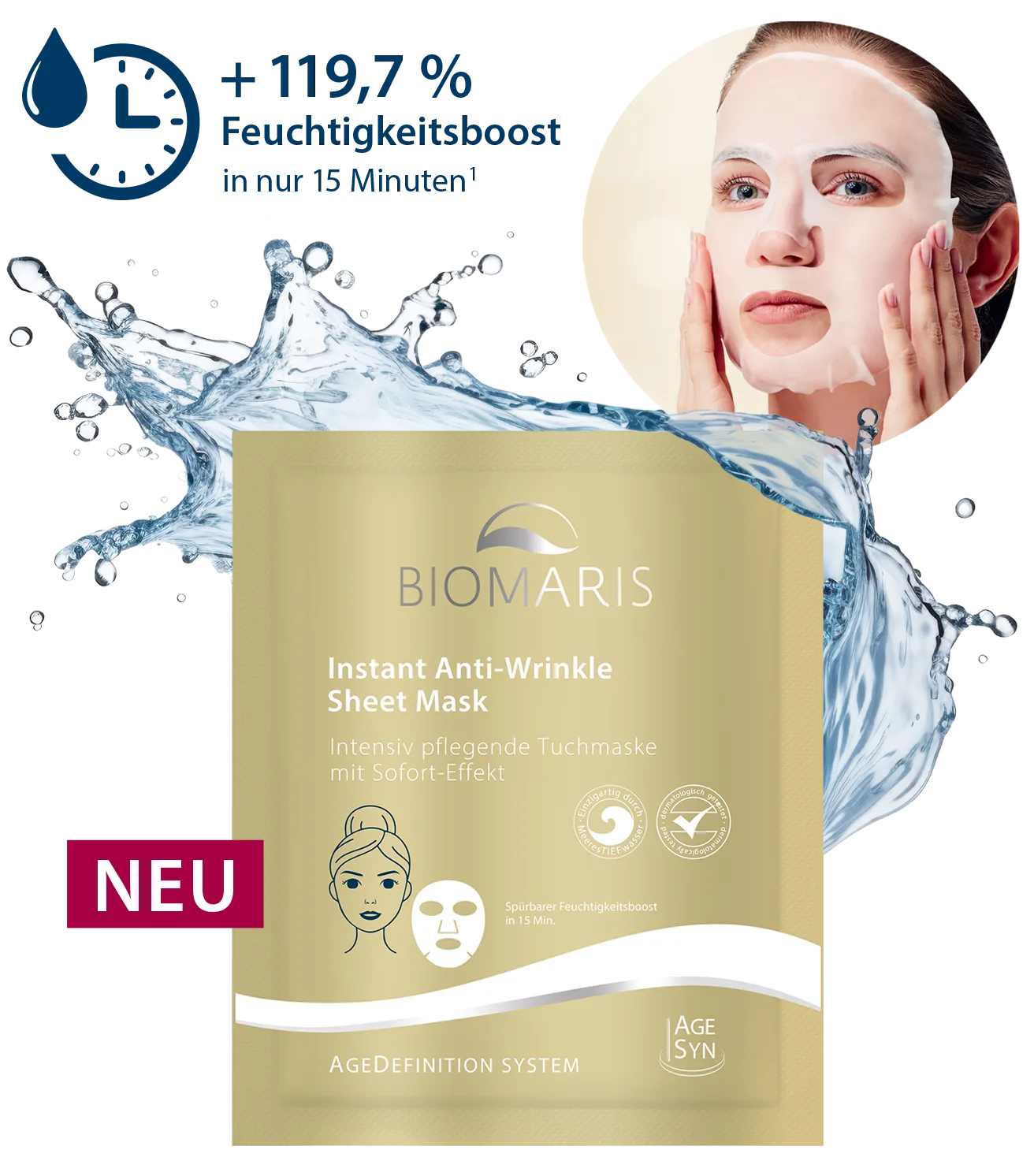Goldfarbenes Sachet mit Wassersplash, Text '119,7 % Feuchtigkeitsboost in nur 15 Minuten' und Frau mit Tuchmaske im Gesicht.