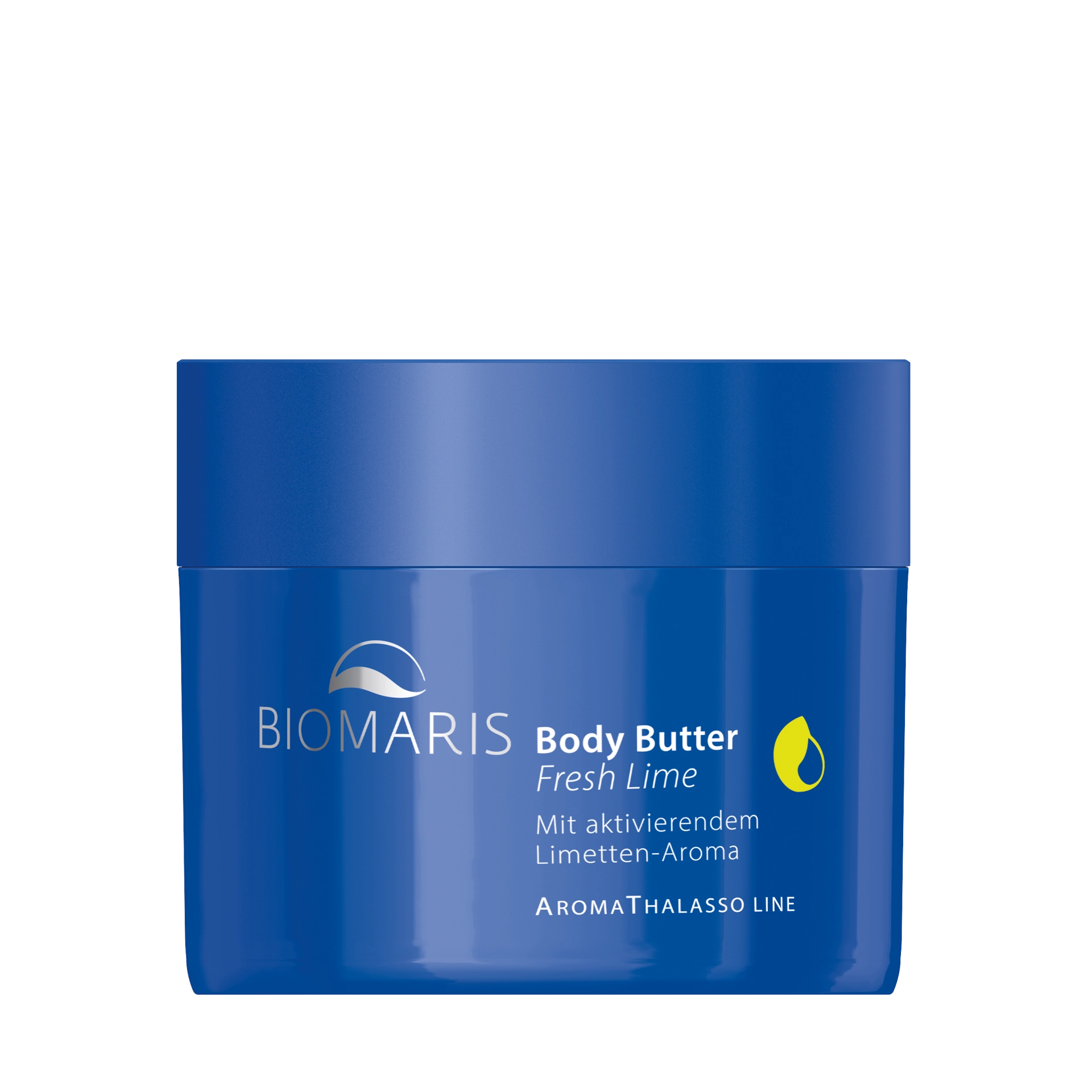 Body Butter Fresh Lime in blauem Tiegel mit Schraubverschluss, vor halbierter Limette