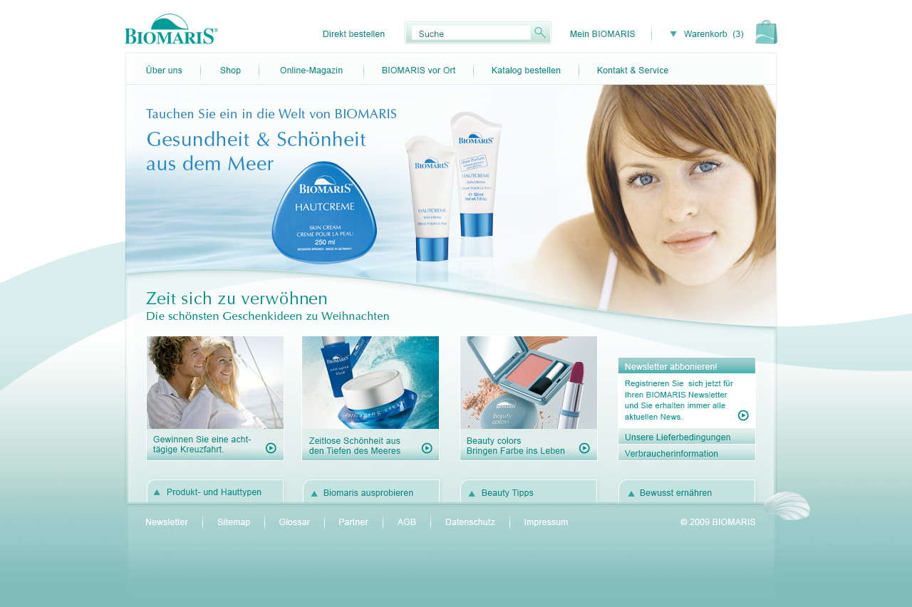 Anischt der BIOMARIS-Website von 2011 mit Produktpräsentationen, Navigation und Hinweisen auf Geschenkideen und Beauty-Tipps.