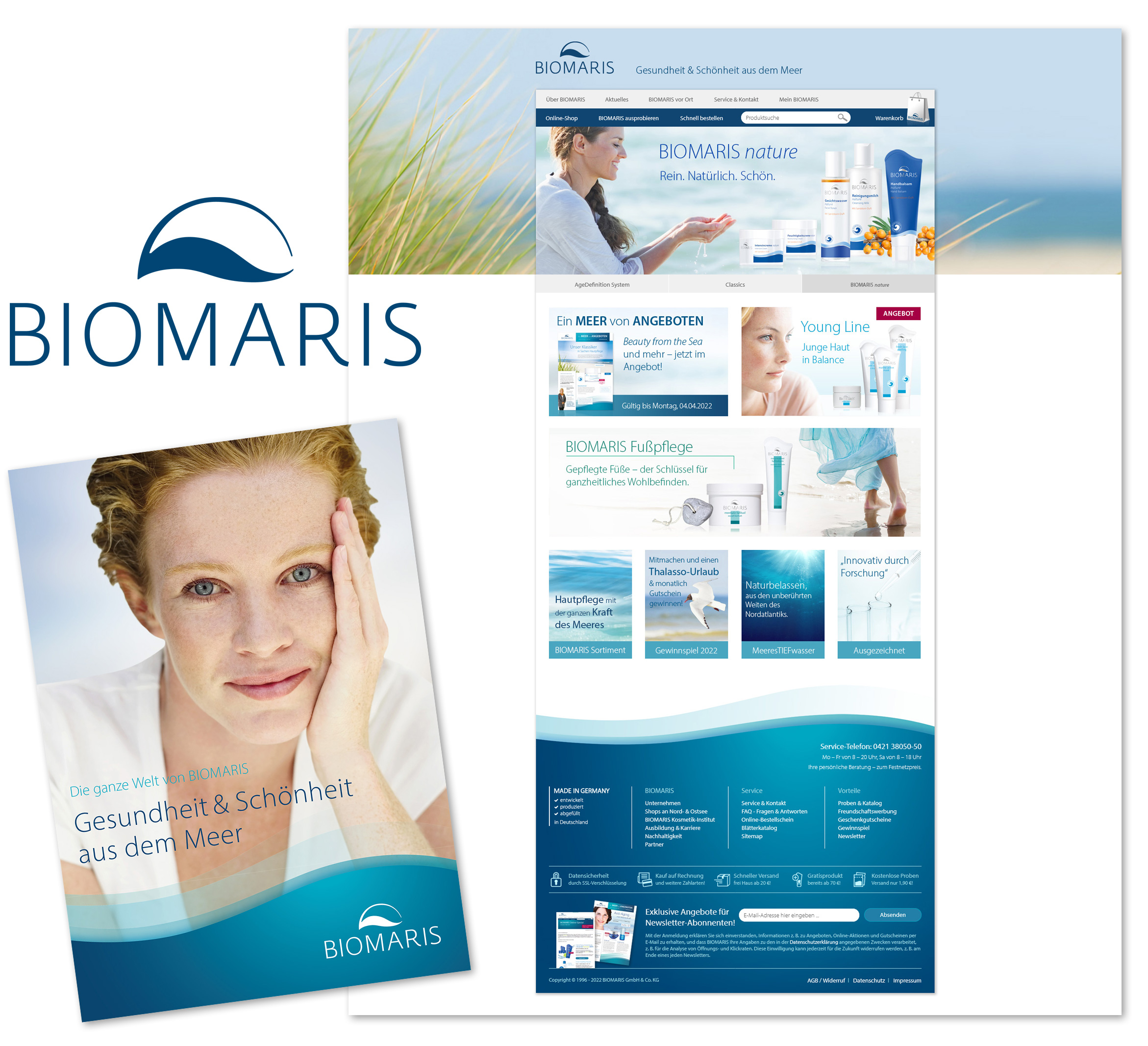 Biomaris Website 2016 Screenshot der BIOMARIS-Website im neuen Erscheinungsbild von 2016 mit modernem Design, Pflegeprodukten und Infobereichen.