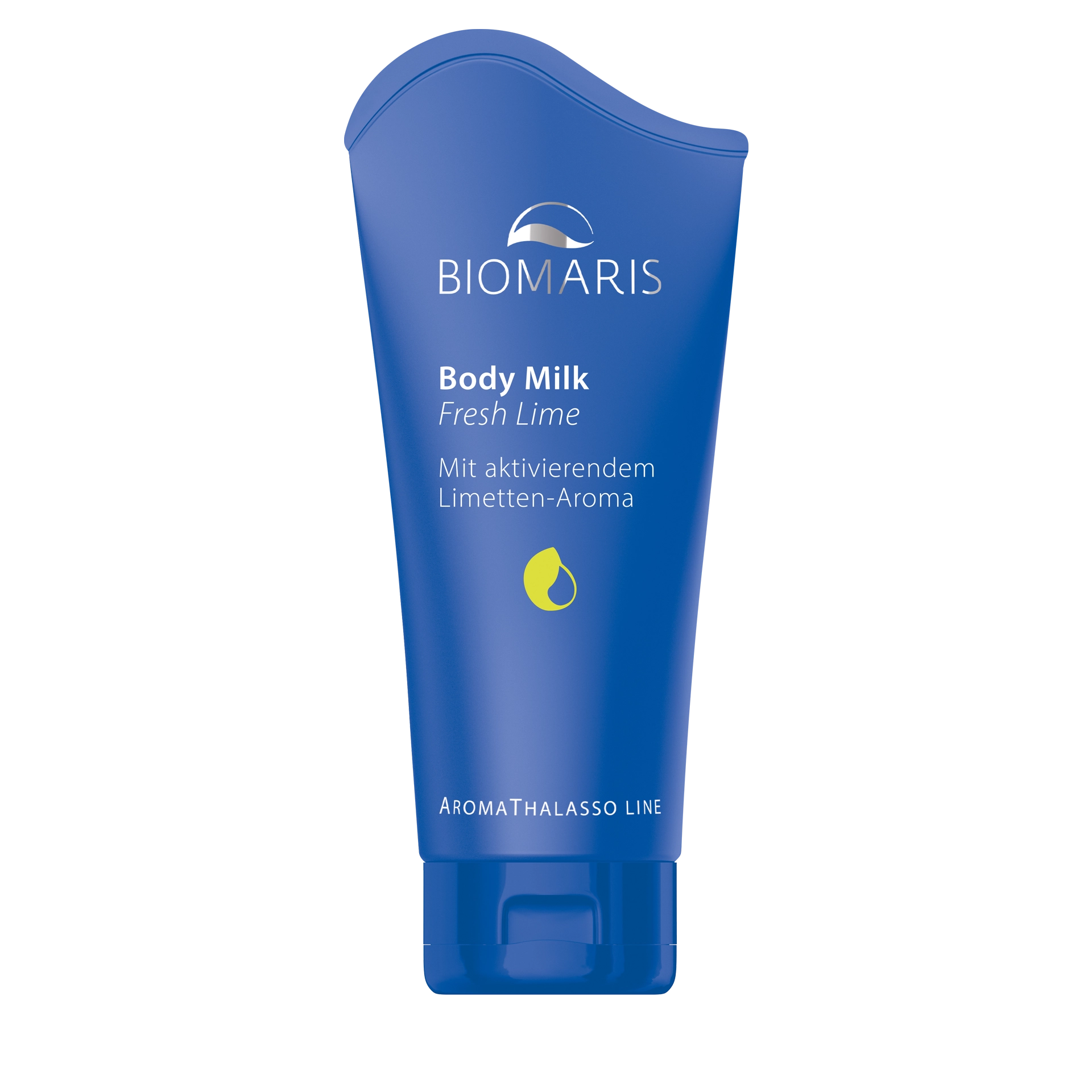 Body Milk Fresh Lime in blauer Tube mit Klappdeckel, vor halbierter Limette