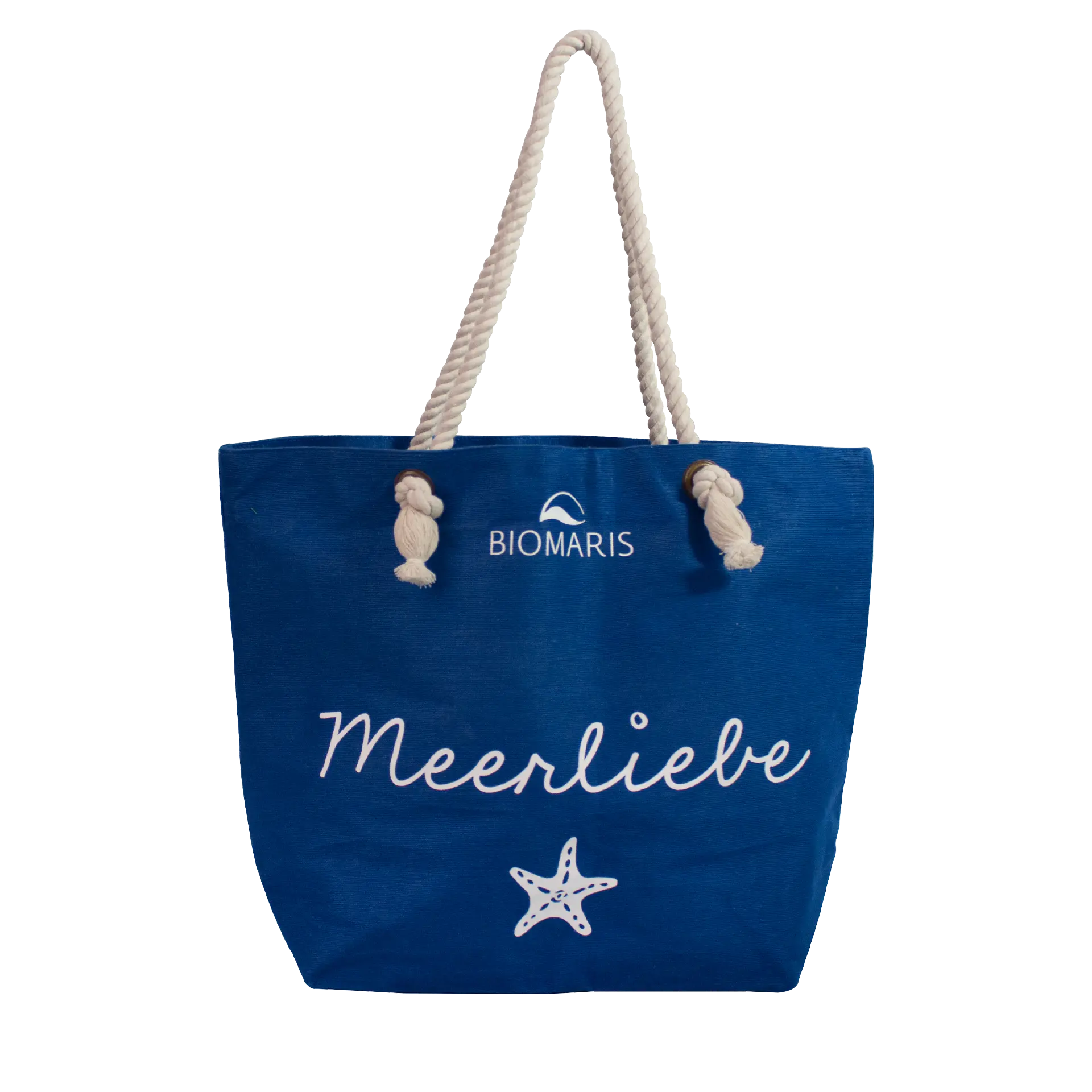 BIOMARIS Strandtasche "Meerliebe" Maritime blaue Stofftasche mit Seestern-Print und Aufschrift „Meerliebe“ sowie 2 Robuste Seil-Tragegriffe