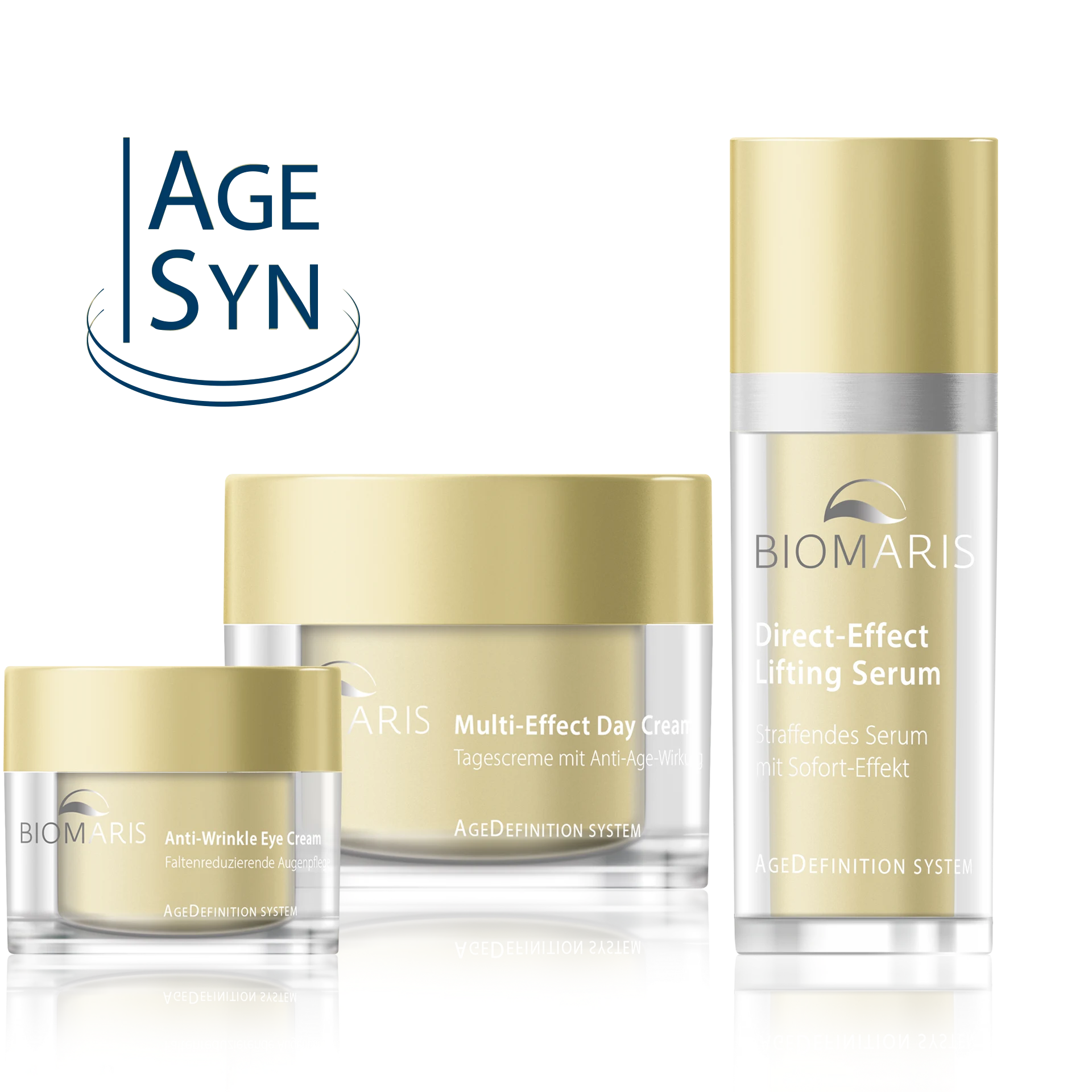 Drei Anti-Aging-Produkte von BIOMARIS: Augencreme, Tagescreme und Lifting-Serum aus dem AgeDefinition System.