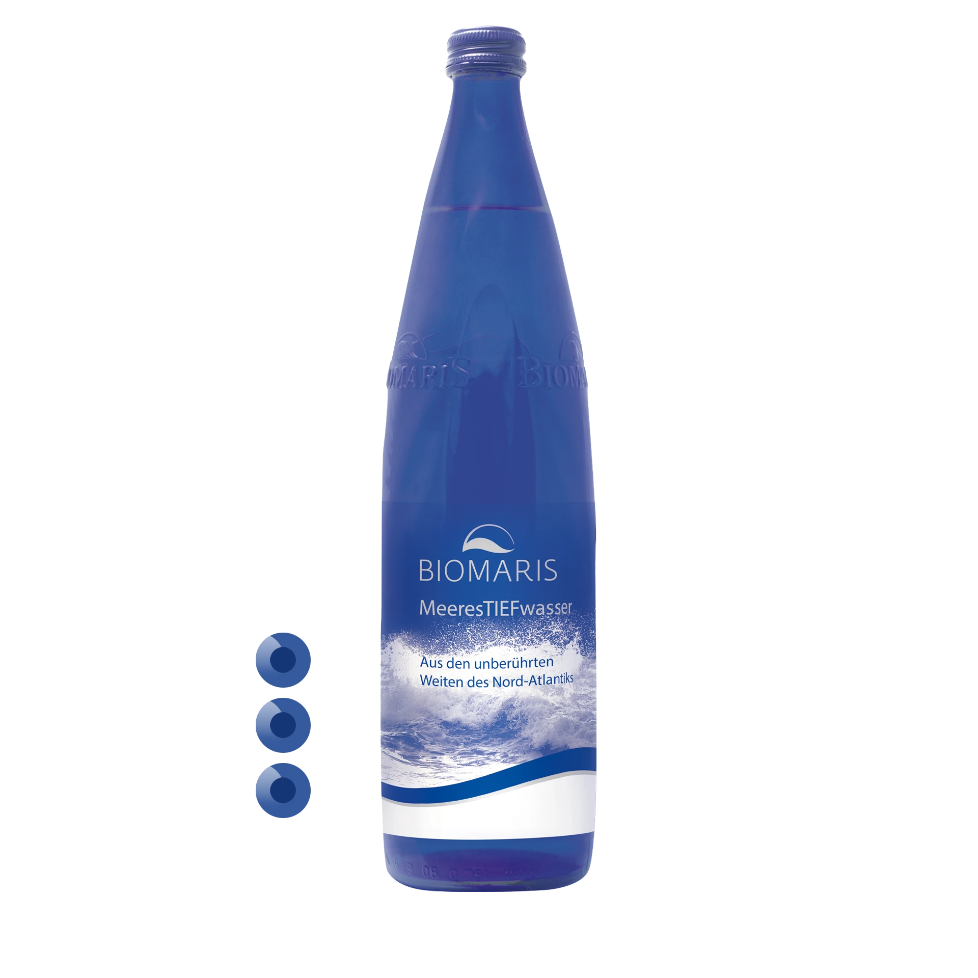 MeeresTIEFwasser 3er, blaue Glasflasche mit Etikett, Darstellung von 3 Flaschen im Karton