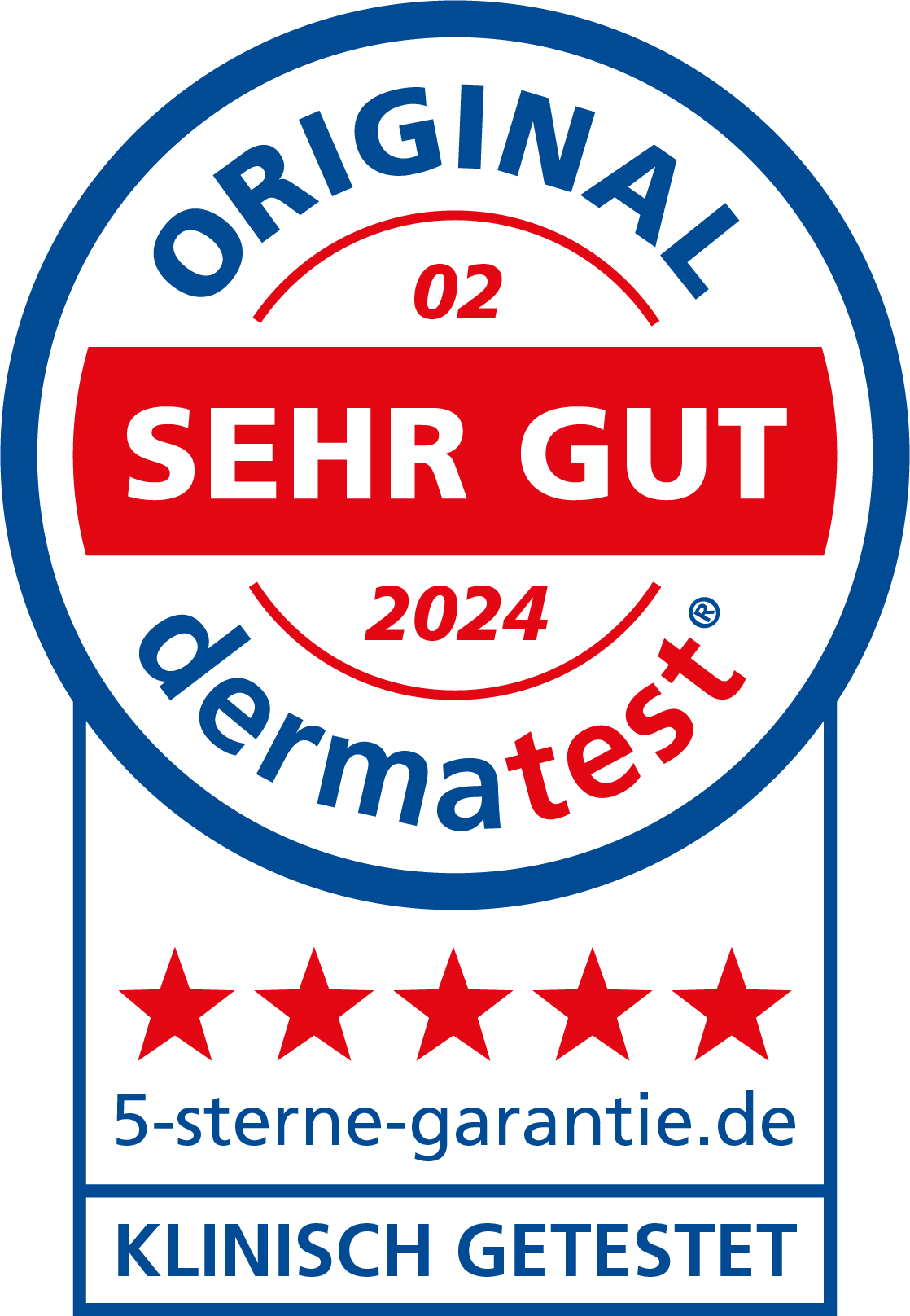 dermatest 5-Sterne-Siegel, klinisch getestet mit Bewertung „Sehr gut“, geprüft im Februar 2024.