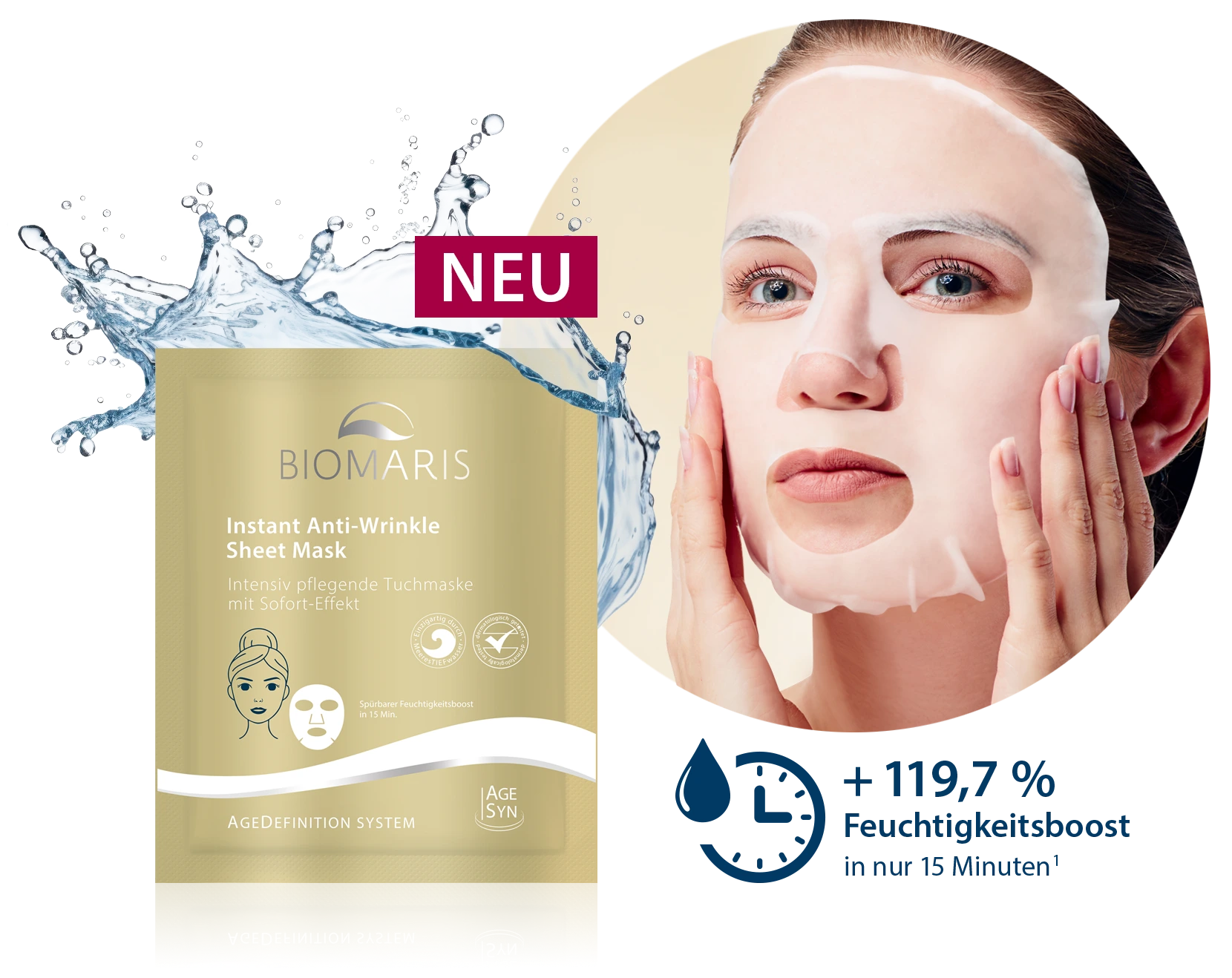 Goldfarbenes Sachet mit Wassersplash, Text '119,7 % Feuchtigkeitsboost in nur 15 Minuten' und Frau mit Tuchmaske im Gesicht.