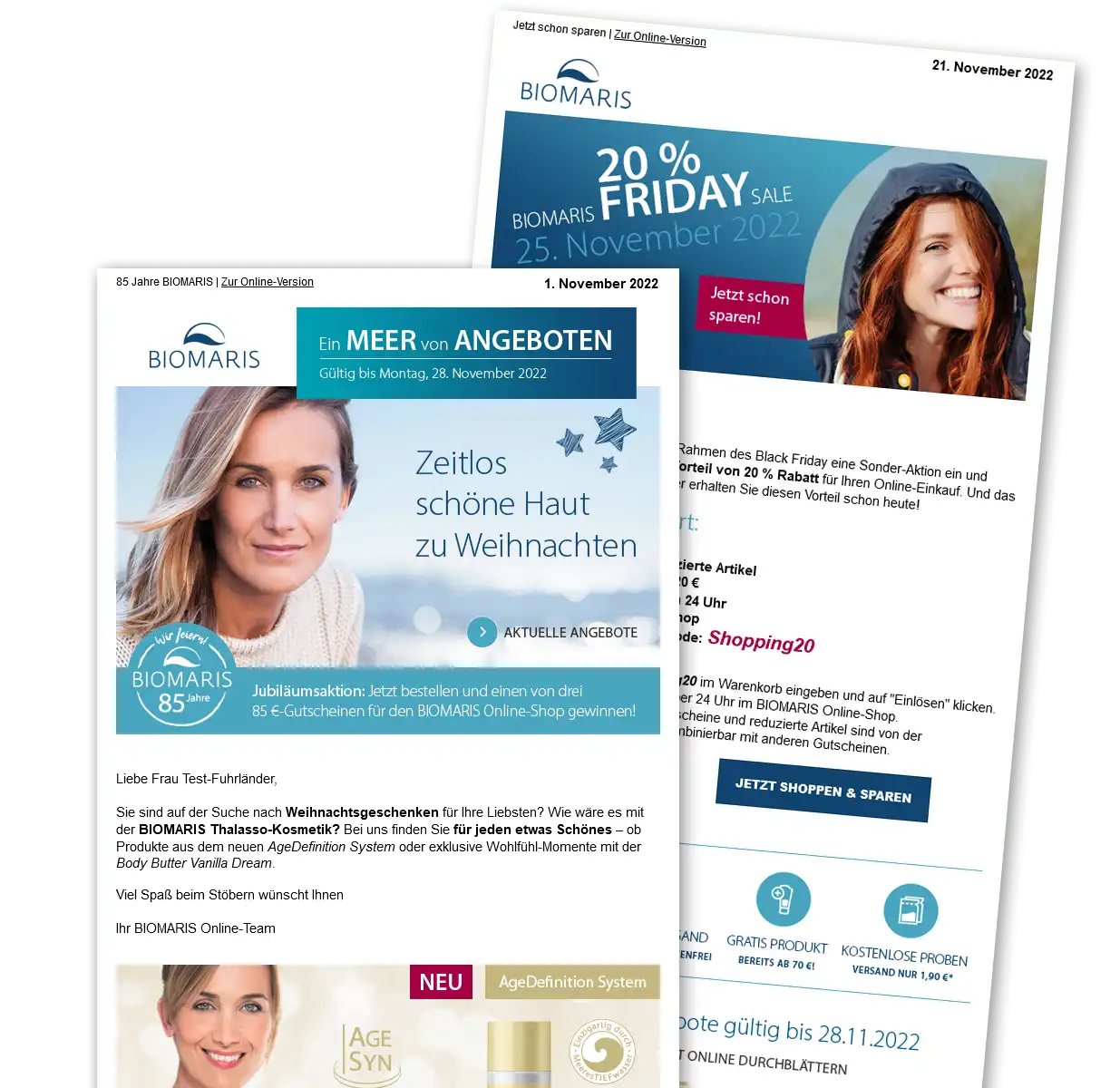 Newsletter Zwei Newsletter-Beispiele mit winterlichen Angeboten und Rabattaktionen von BIOMARIS