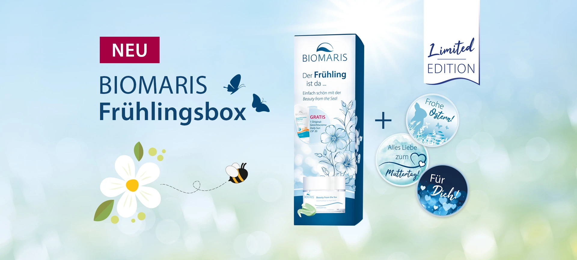BIOMARIS Frühlingsbox Limited Edition mit zwei Produkten und drei Gratis-Aufklebern, frühlingshaft gestaltet.