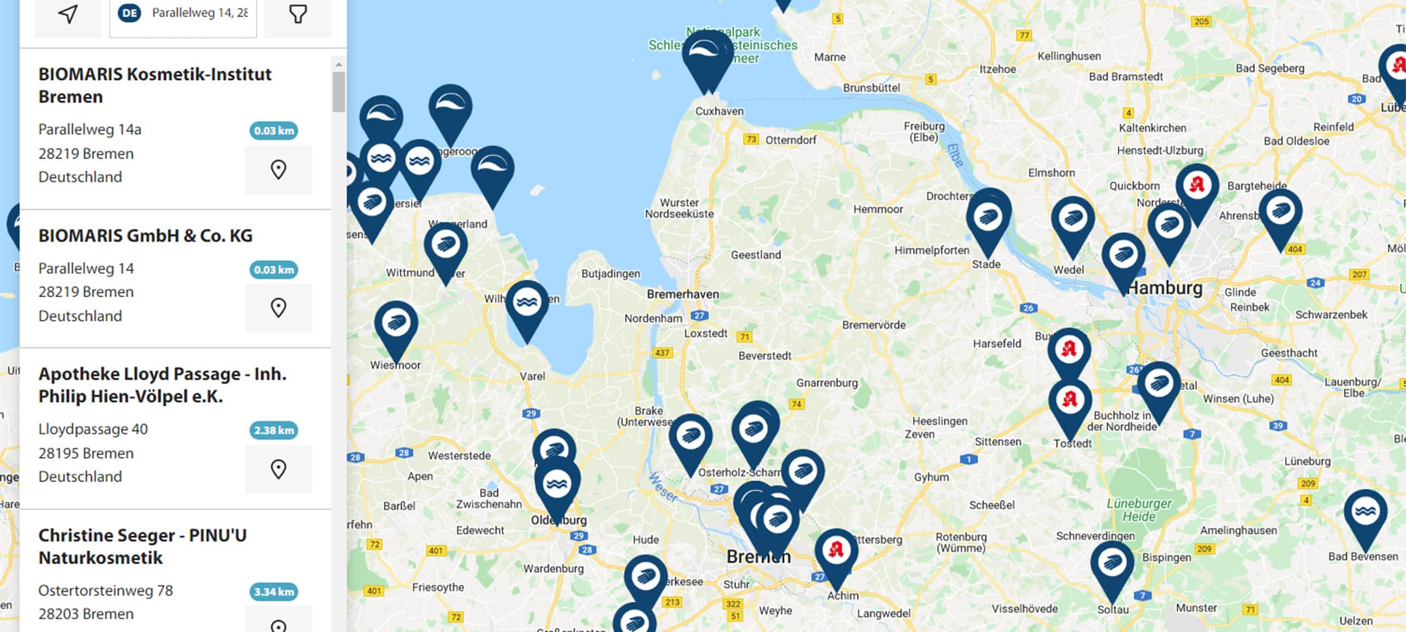 Zur Standortsuche: BIOMARIS Shops, Apotheken und Kosmetik-Institute finden