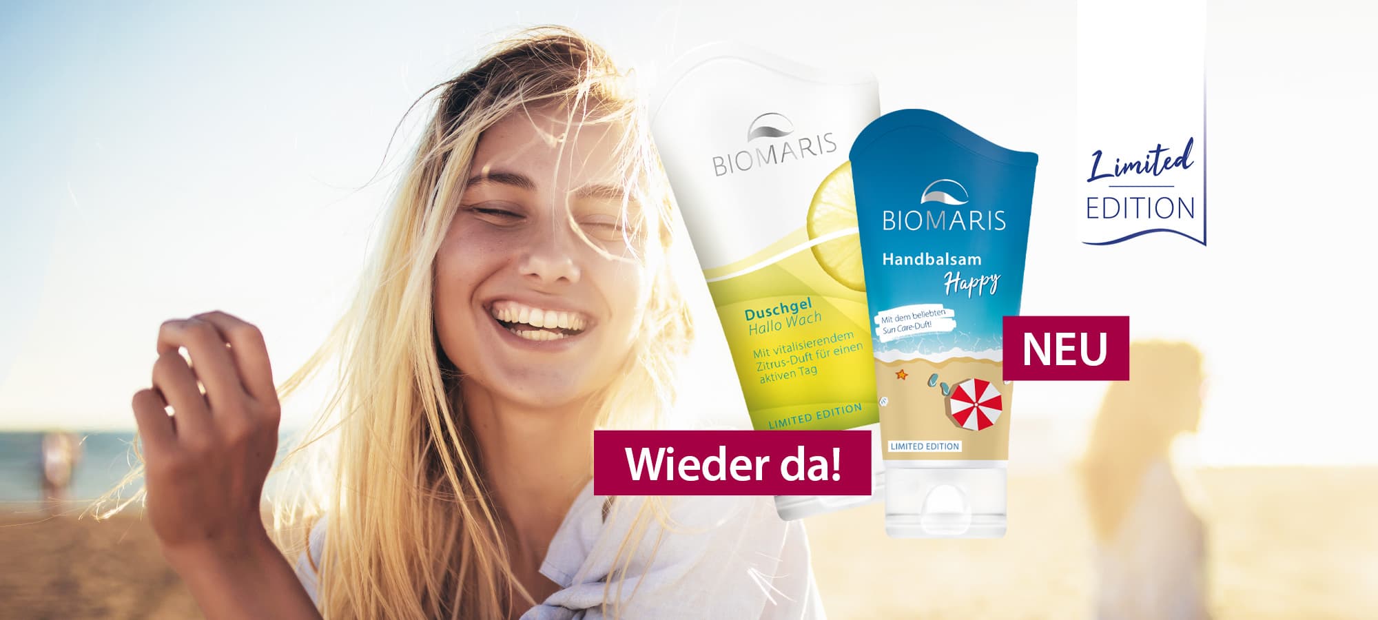 BIOMARIS Handbalsam Happy und Duschgel Hallo Wach, Tuben mit Klappdeckel vor lächelnder Frau am Strand, Körperpflege, Duschgel, Zitrusduft, Limited Edition, Handbalsam, Handbalm, Lotion, Creme, Limited Edition, Neu